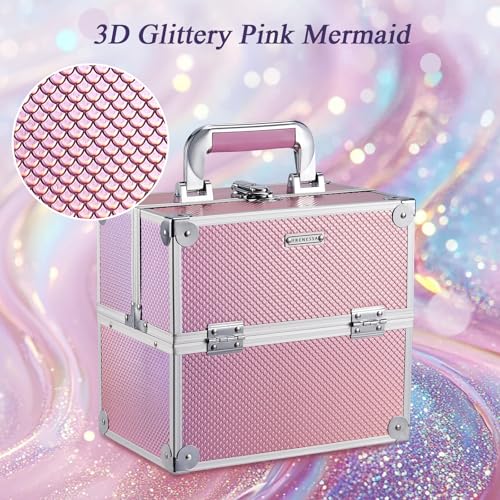Mermaid Pink Makeup Case with 4 Trays & Lock | Travel Organizer
