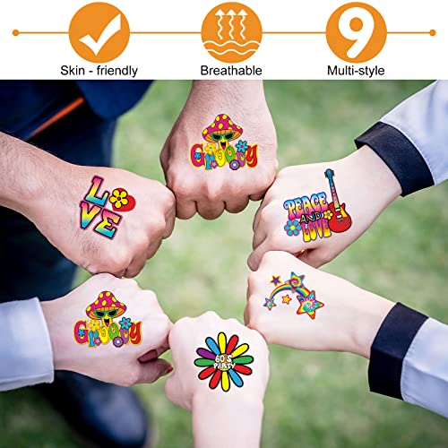 Chinco 144 Pcs Hippie Temporary Tattoo Stickers 70s 80s 90s Party Favor Groovy Hippie Tattoos Waterproof Hippie Face Tattoos Love and Peace Sign Temporary Tattoos Decals for Tie Dye Hippie Party Favor