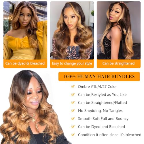 QTHAIR 16A Grade Ombre Body Wave Human Hair Bundles #1b/4/27 Color 24" 100g 100% Brazilian Body Wave Bundles Human Hair Extensions for Black Women