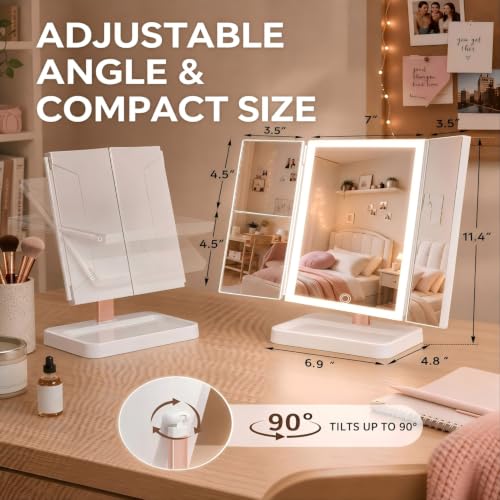 CALEPOP White Rechargeable Trifold Lighted Makeup Mirror 1X/2X/3X Magnification