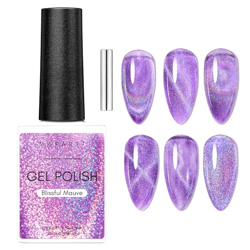 Makartt Gel Nail Polish Cat Eye Holographic Gel Polish Blissful Mauve Universal Rainbow Sparkly Glitter Unique Magnetic Effect Nail Gel for DIY Nail Art UV LED Soak Off Manicure 10ml