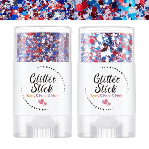 4th of July Body Glitter Stick - Red White Blue Chunky Glitter, 2 Pack