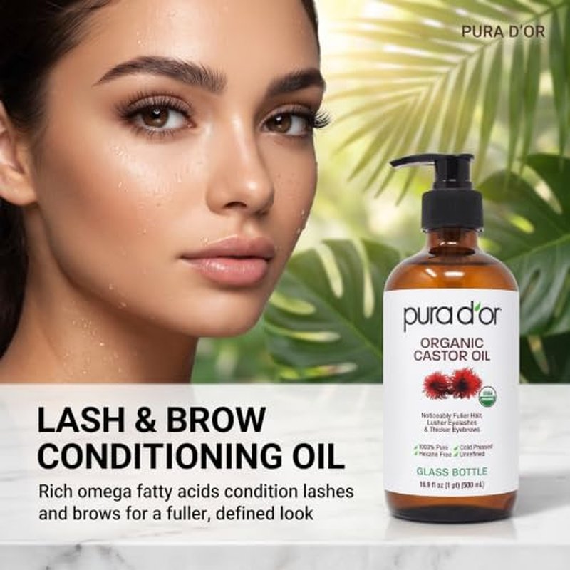 PURA D'OR Organic Castor Oil 16.9 oz | Cold-Pressed Hair Skin Lash