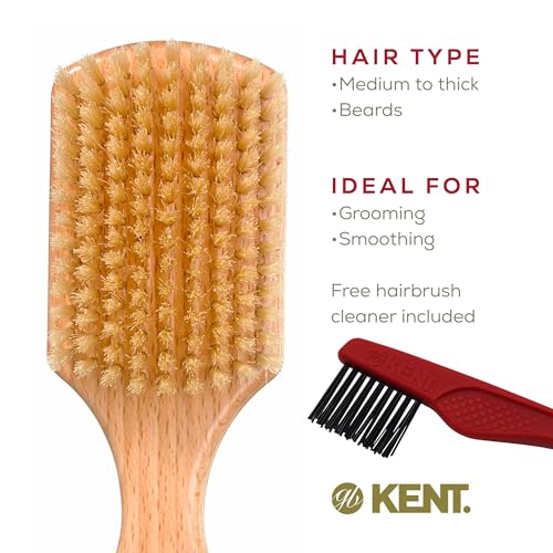 Kent OG4 Rectangular Beachwood Gentlemen's Hair Brush and Facial for Beard Care - Exfoliating Natural Boar Bristle Brush for Mens Grooming, Hair Care, and Beard Straightener for Men's
