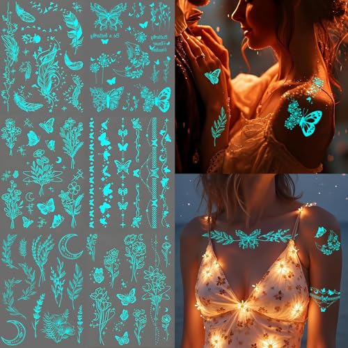 Glow in The Dark Temporary Tattoos - 9 Sheets Luminous Butterfly Design