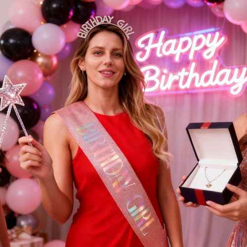 Rose Gold Birthday Girl Sash,Headband,Happy Birthday Banner,Hanging Swirl Decorations,Rhinestone Tiara Crown for Princess,Gift for Women.