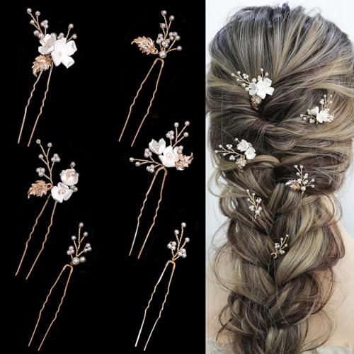 Pearl Bridal Hair Pins Set of 6 - White Flower Design