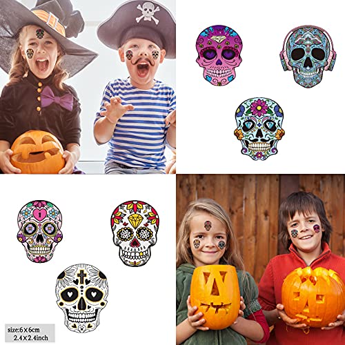 12-Pack Halloween Sugar Skull Face Tattoos, Day of Dead Temporary Makeup