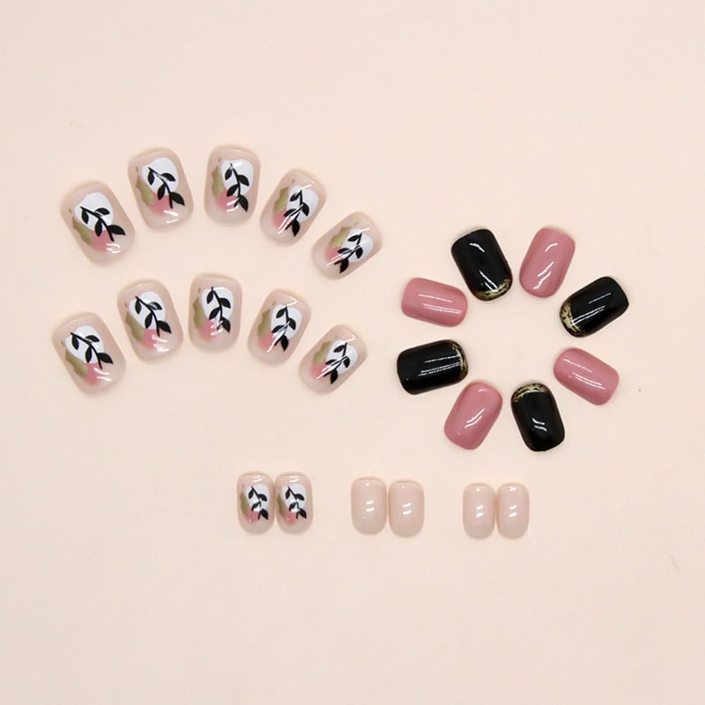 24 Pcs Short Press on Nails Square Fake Nails Acrylic False Nails with Retro Black Gold Leaves Designs Short Acrylic Nails Glossy Glue on Nails for Women