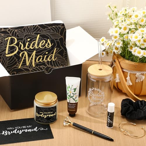 Meanplan 14 Pcs Bridesmaid Proposal Gifts Set, Will You Be My Bridesmaid Gifts with Proposal Box Glass Cup Makeup Bag Cards Lip Balm Hand Cream Candle Scrunchie Bracelet Diamond Pen for Wedding(Black)