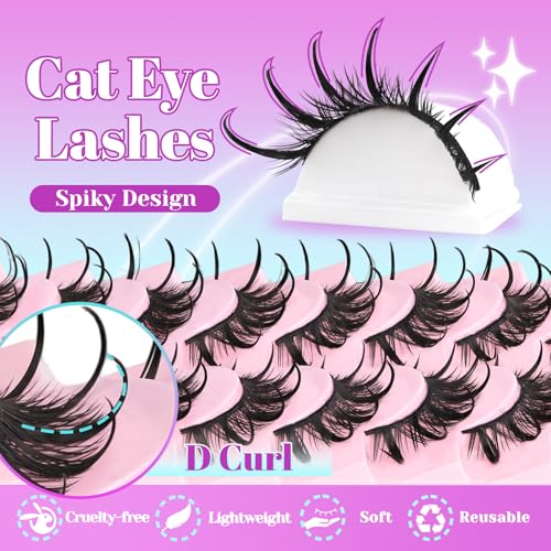 Losha Manga Spiky Lashes - 10 Pairs D Curl Cat Eye with Glue & Tweezer