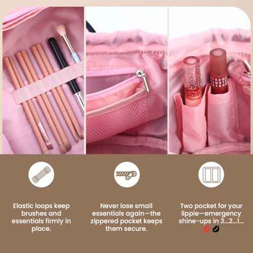 Lay Flat Drawstring Makeup Bag,Travel Cosmetic Organizer for Women,Large Capacity Toiletry Bag,Portable Open-Flat Design for Skincare and Makeup Brushes (Pink)