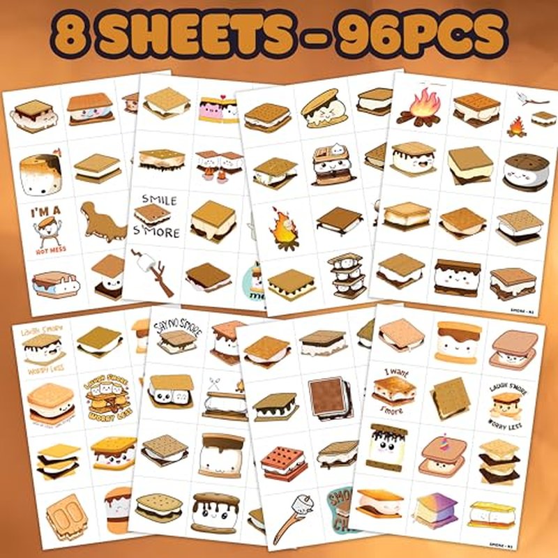 96PCS Smores Pre-Cut Temporary Tattoos Campfire Birthday Party Decorations Favors Supplies Camping Baby Shower Themed Stickers 8 Sheets Gifts for Kids Girls Boys Decor Class School (Normal)