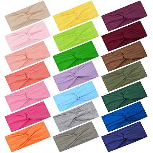 FEQO 21 Pieces Twist Headbands for Women Non-Slip Twisted Turban Stretchy Elastic Colorful Hair Bands for Workout Yoga Sports(Classic Colors)