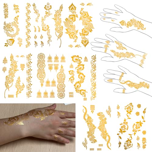 Metallic Gold Temporary Tattoos - 8 Large Sheets Floral Designs