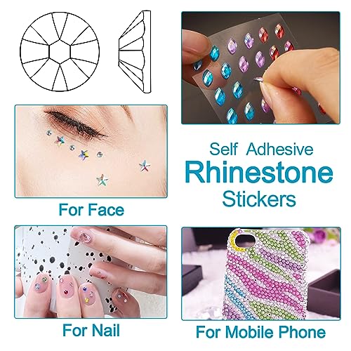 Craftdady 12 Sheets Resin Rhinestone Stickers Heart Teardrop Flower Star Stick On Face Gems Stick On Nail Body Resin Beads for Halloween Makeup Nail Art Wedding Scrapbook