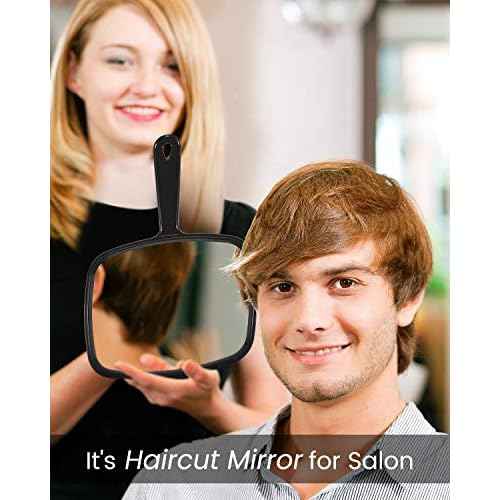 Hand Mirror Salon Barber Hairdressing Handheld Mirror with Handle (Square Black 7.4 x 10.3 inches)