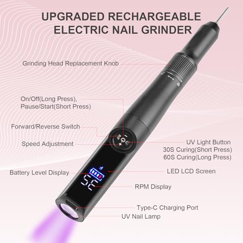 ShineCai 2-in-1 Electric Nail Drill & UV Lamp - 35000 RPM, Cordless