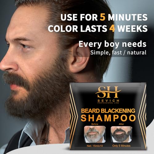 SEVICH Beard Blackening Shampoo for Men - Instant Natural Black Color, Anti-Hair Loss Formula, 10x15ml Travel-Friendly Packets | Safe & Gentle Beard Dye with Nourishing Care