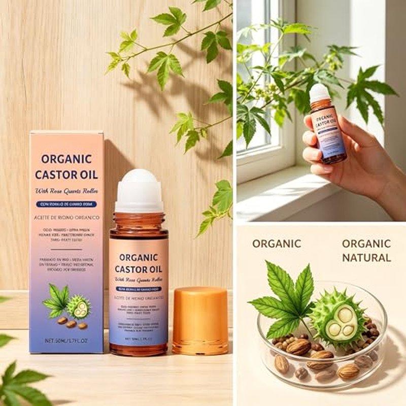Organic Castor Oil with Rose Quartz Roller - 1.7oz Pure & Cold-Pressed