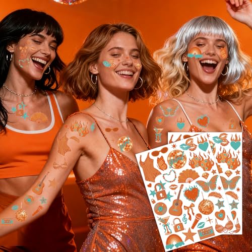 Orange Showgirl Temporary Tattoos - 2 PCS Iridescent Showgirl Body Stickers for Bachelorette, Girls¡¯ Night, Birthday, Showgirl Theme Decorations