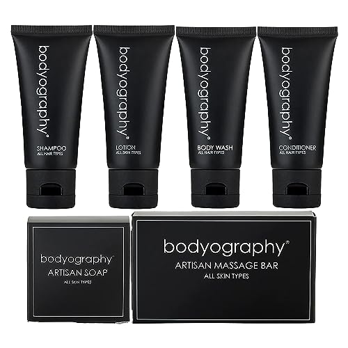 Bodyography Toiletry Kit - 6 Piece Set Shampoo, Conditioner, Body Wash, Lotion, Hand Soap, Massage Bar, Clear Travel Bag