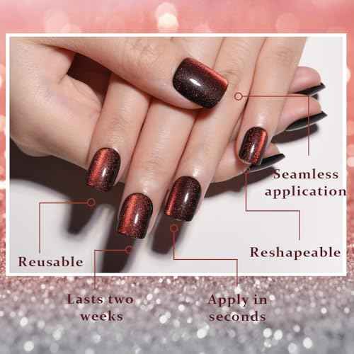 evpct Wine Red Cat Eye Extra Short Square Press on Nails, Petite Short Square Glue on Nails for Women Gift, Wine Red Holographic Glossy Fake Nail Reusable, Soft Gel Press on Acrylic Nail with Designs