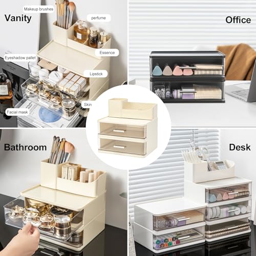 DASITON Makeup Organizer for Vanity with 2 Drawers, Stackable Cosmetic Organizer with Makeup Brush Holder, Plastic Bathroom Organizer Skincare Storage for Brushes, Eyeshadow, Lotions, Lipstick (Cream)