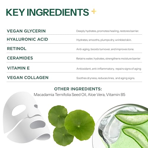 Retinol & Collagen Face Mask ? 3-in-1: Detox, Treat, Boost ? Hydrating, Firming, Anti-Aging ? Dermatologist Tested Korean Skin Care ? Clean Beauty Vegan Sheet Mask ? 5 Sheets