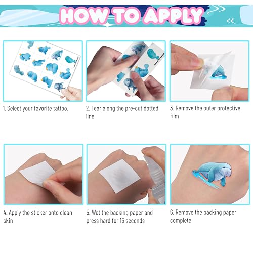 96PCS Cute Manatee Temporary Tattoos - 8 Sheets Ocean Party Favors