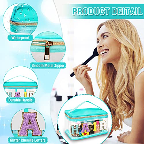 Izuzta Green Chenille Letter Clear Makeup Bag with Handle - Waterproof Travel Toiletry Organizer