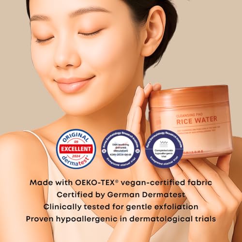 Rice Water Cleansing Pads ? Makeup Remover Wipes & Korean Toner Pads with Centella Asiatica, Exfoliating for Blackhead Removal & Pore Minimizer, 50 Pad