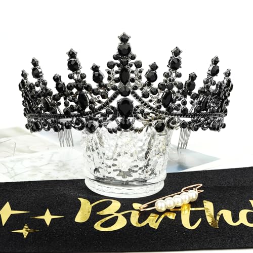 Black Birthday Queen Crown & Sash Set for Adults – CURASA Glitter Tiara and Satin Ribbon