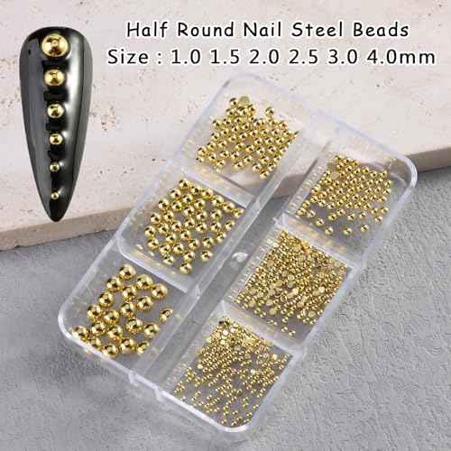 3D Mixed Sizes Flat Back Steel Beads Nail Charms, Gold Half Round Metal Caviar Beads Ball Nail Art Studs Rivets Jewelry for Home DIY and Professional Nail Art Salon Crafts Decorations