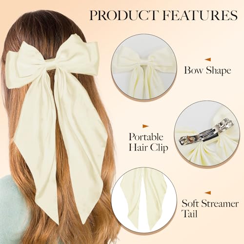 LSxia 2PCS Hair Bows for Women, [Black Hair Bow & Beige White Hair Bows] for Hair, Big Silky Satin Hair Bow Hair Ribbons, Bow Hair Clips Bow Clips for Women, Cute Hair Accessories (Set B)