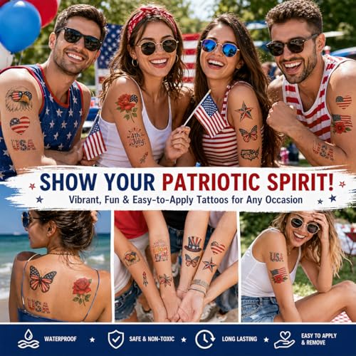 Patriotic Temporary Tattoos - 100+ Designs, 10 Sheets