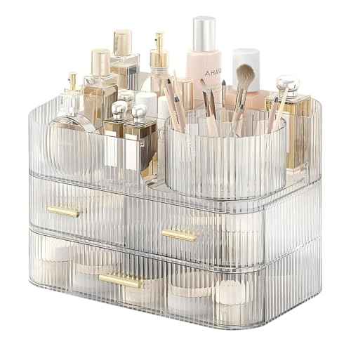 DASITON Makeup Organizer with Drawers and Rotating Makeup Brush Holder,Large Capacity Stackable Cosmetic Organizer Countertop,Bathroom Organizers and Storage,Make up Organizers for Vanity (Clear 03)