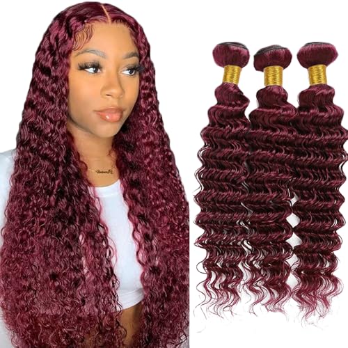 GtaiiReu 99J Burgundy Deep Wave Hair Bundles 22 24 26 Inch Human Virgin Extensions