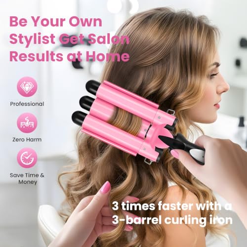 3 Barrel Ceramic Curling Iron for Natural Waves - Dual Voltage, 2 Temp Settings