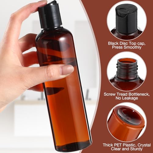 Mimorou 50 Pcs 8.5 oz Plastic Squeeze Bottle with Disc Top Flip Cap Empty Amber Refillable Container Small Travel Toiletry Bottle with Black Cap for Lotion Shampoo Oil Body Soap Creams