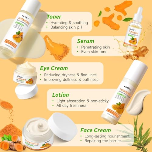 15 PCS Turmeric Skin Care Set - Turmeric Skin Care Kit Long-Lasting Moisture, Oil Control & Smooth Skin - With Cleanser, Soap, Scrub,Toner, Face Oil, Eye Cream, Lotion, Cream & Facial Masks