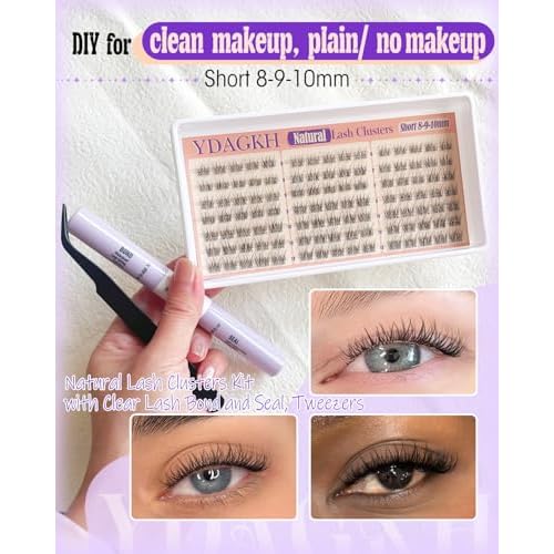 Short Lash Clusters Kit 8-9-10mm Velure Natural Eyelash Clusters Kit Clear Band Wispy Cluster Eyelash Extensions CC Curly Invisible Individual Lashes with Clear Lash Bond and Seal for Beginner Daily