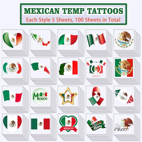 Mexican Flag Tattoos,(100 pack) Mexico Flag Independence Day Sports Temporary Face Tattoos Stickers, Waterproof Sports Sweat For Men Teenagers Women (Mexican)
