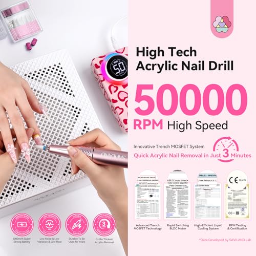 SAVILAND Cordless Electric Nail Drill Machine 50000RPM for Acrylic Nails - Red Pink
