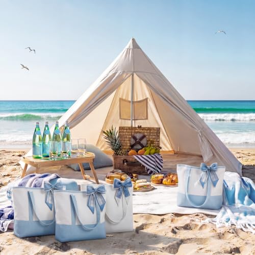 8 Pack Large Canvas Tote Bags with Zipper - Blue & White