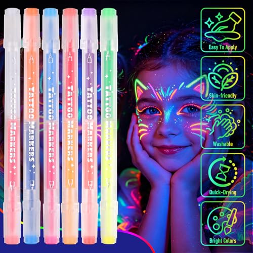 DAGEDA UV Glow Body Paint Pens - 12 Colors with Double Tip