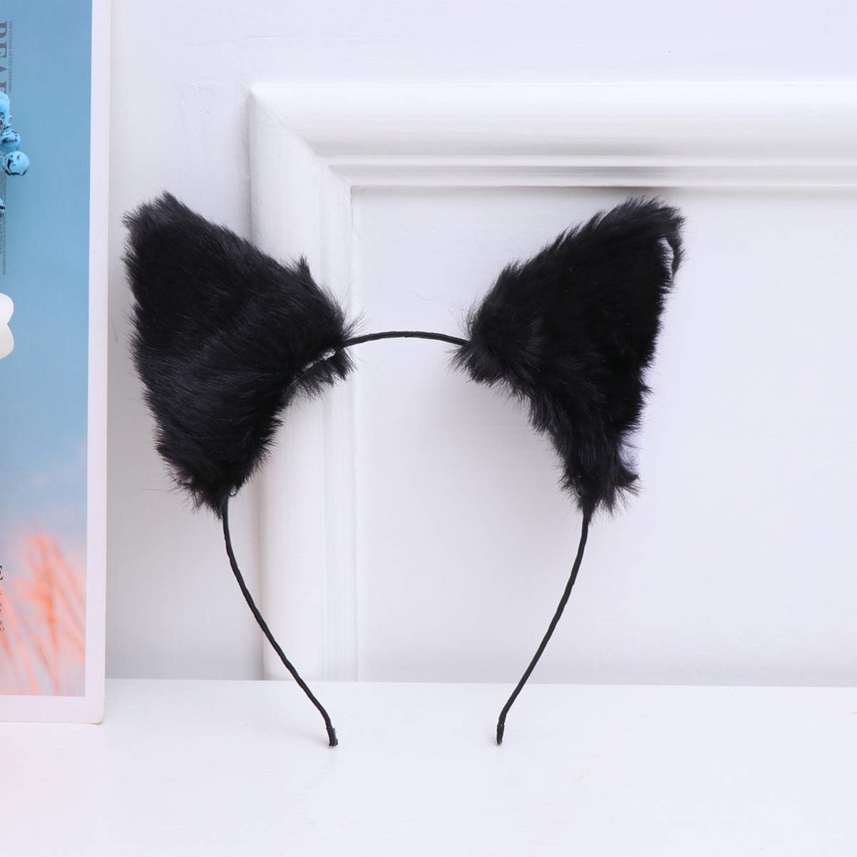 Lurrose Cat Fox Long Fur Ears Headband Cosplay Party Costume Hairbands Cut Plush Hair Hoop Headdress for Women Girls Black