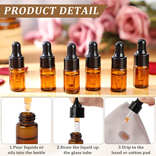 Nuogo 100 Pcs Mini Amber Glass Oil Dropper Bottle Bulk, Clear Essential Small Empty Sample Vial with Dropper and Black Caps Tiny Amber Glass Bottles Perfume Jars for Travel(3 ml)
