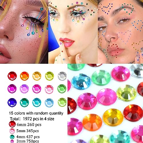 3584 PCS Self Adhesive White Pearl Clear Rhinestones Face Gems, Flat Back Bling Jewels Temporary Stickers for Makeup Face Eye Hair DIY, Rainbow&Transparent Rhinestones