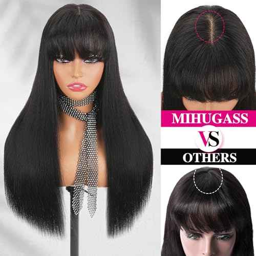2x4 Lace Front Wigs With Bangs Human Hair Lace Closure Wig 200% Density Brazilian Virgin Hair Glueless Wig Natural Black Color(10 Inch)